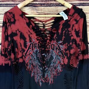 Y2k Affliction Live Fast Lace Up V Neck Long Sleeve Shirt